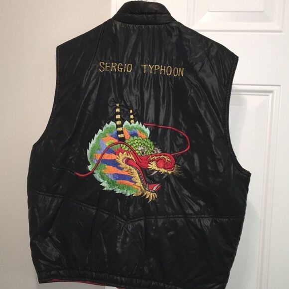 Black Sergio Valente Typhoon Chinese New Year Dragon Puffy Puffer Vest Jacket-L - Picture 1 of 5